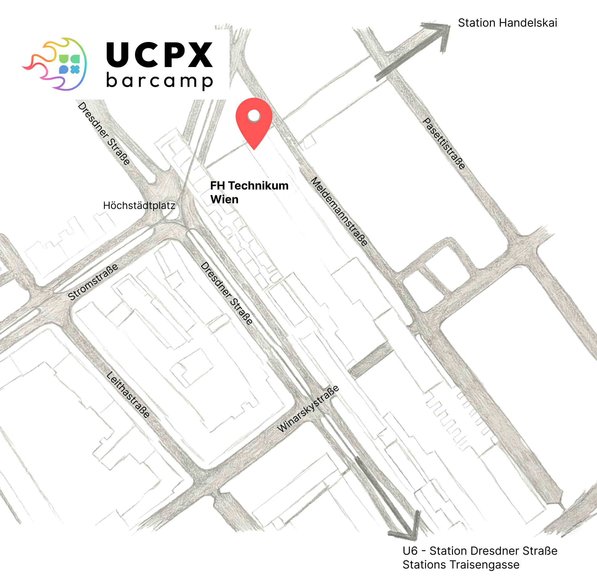 A map marking the location of FH Technikum Wien with a red pin at the intersection of Höchstädtplatz and Meldemannstraße. Large arrows indicate the direction of nearby public transport, with one pointing northeast toward Station Handelskai and another pointing southeast toward the U6 Station Dresdner Straße and the Traisengasse stations.