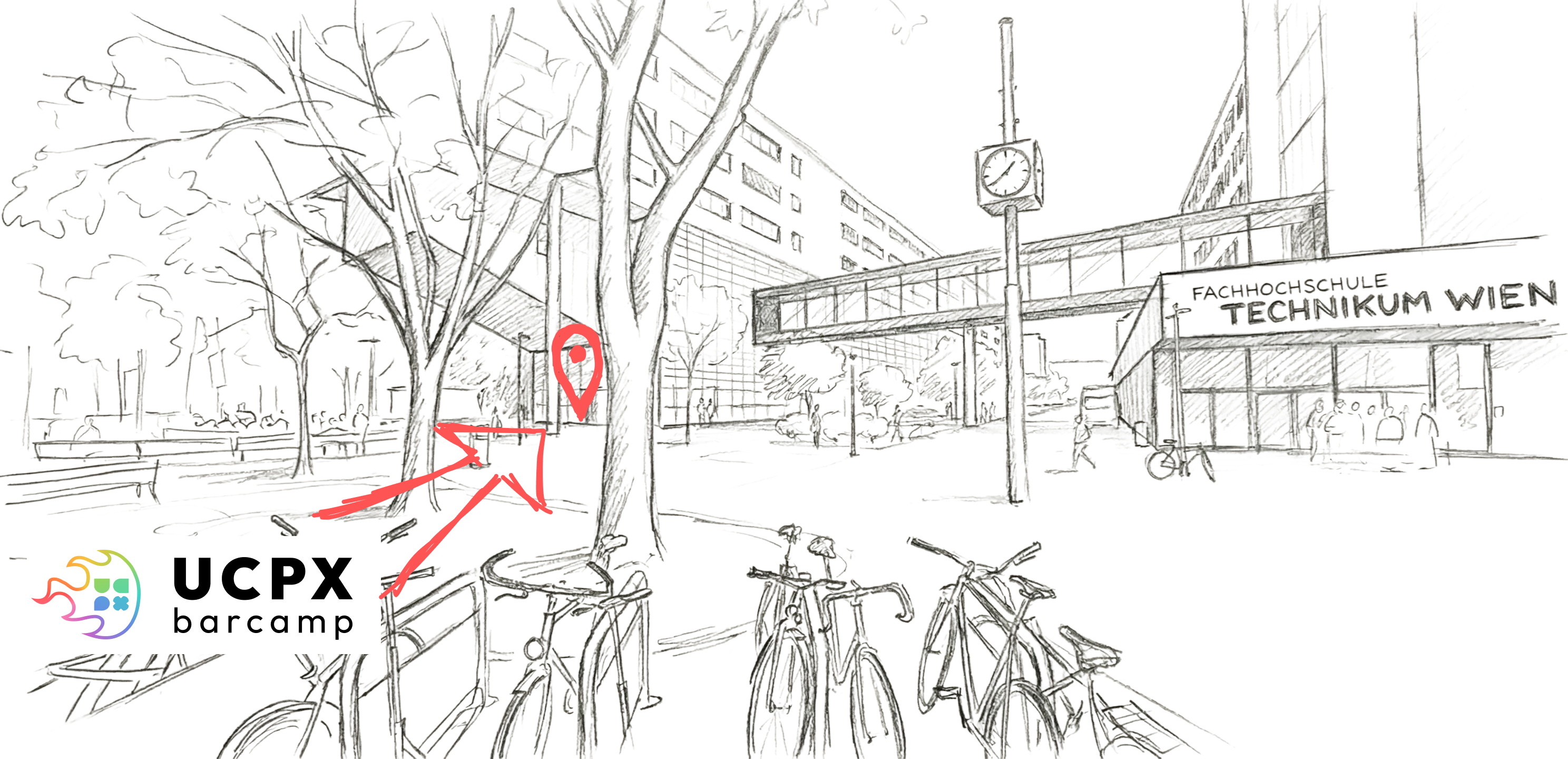 A pencil sketch of the Fachhochschule Technikum Wien exterior showing a red pin and arrow pointing to the specific entrance for the UCPX barcamp. This entrance is the left door when facing the building, distinct from the main building entrance located further to the right.